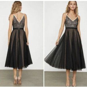 NEW BCBGMAXAZRIA Geometric Floral Lace Tulle Cocktail Midi Dress Black Bare Pink